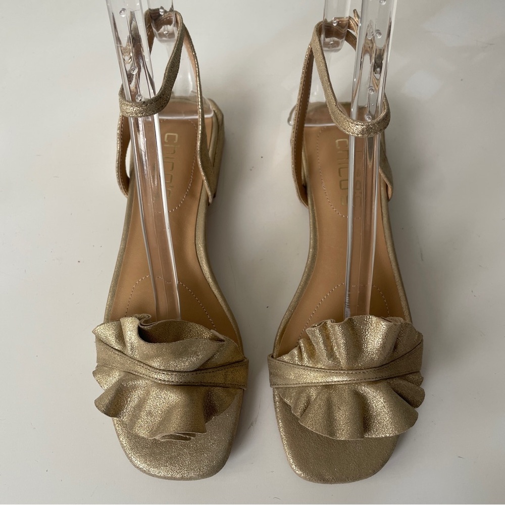 Chico's Strappy Ankle Wrap Metallic Gold Ruffle Sandals Sz 6 Block Heel Dressy - Picture 3 of 7